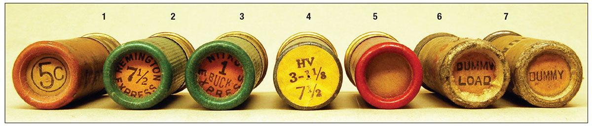 Early shells had data on top of the wad: (1) Black powder with shot size only, (2-4) smokeless powder with other data, (5) the last smokeless roll crimp had data printed on the tube wall and (6-7) seldom seen gunsmith test dummies.